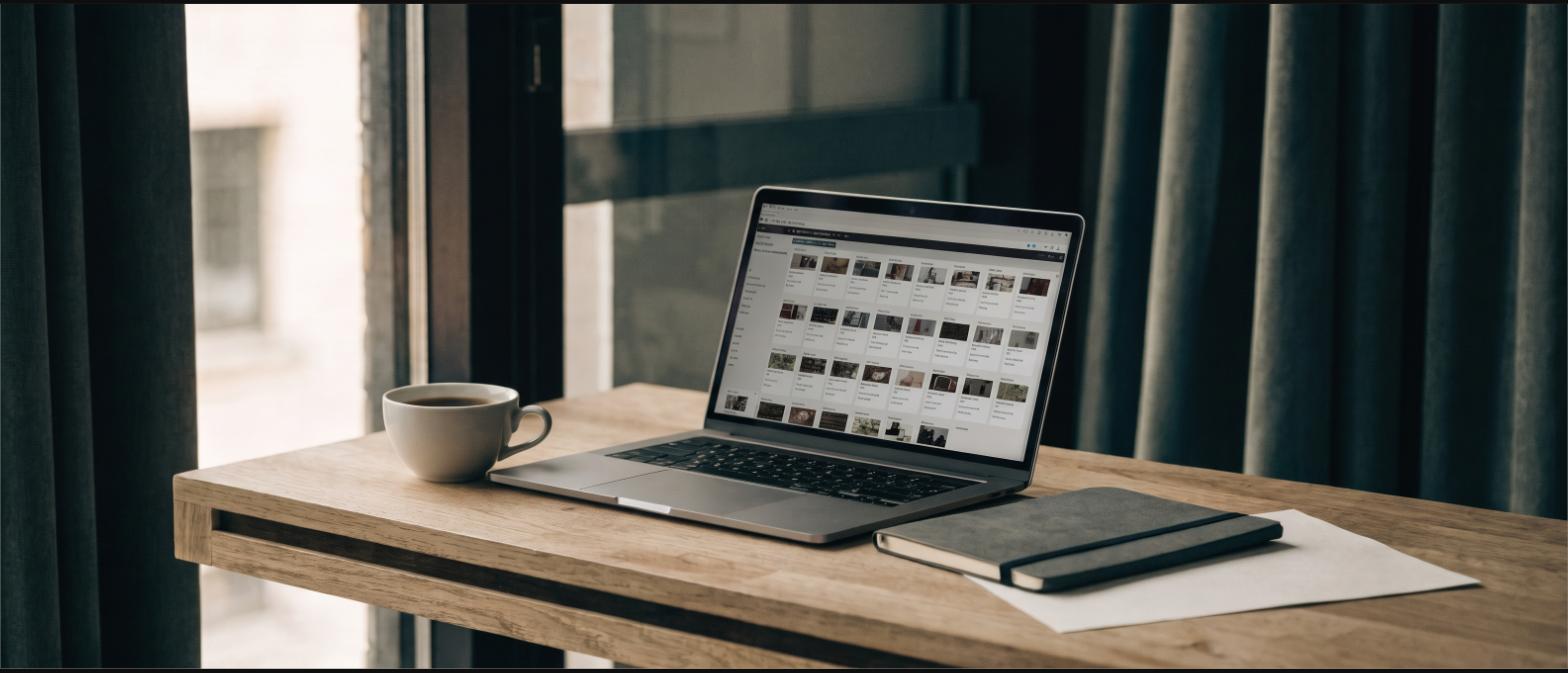 A laptop on a desk showing a product catalogue grid, beside a notebook and coffee