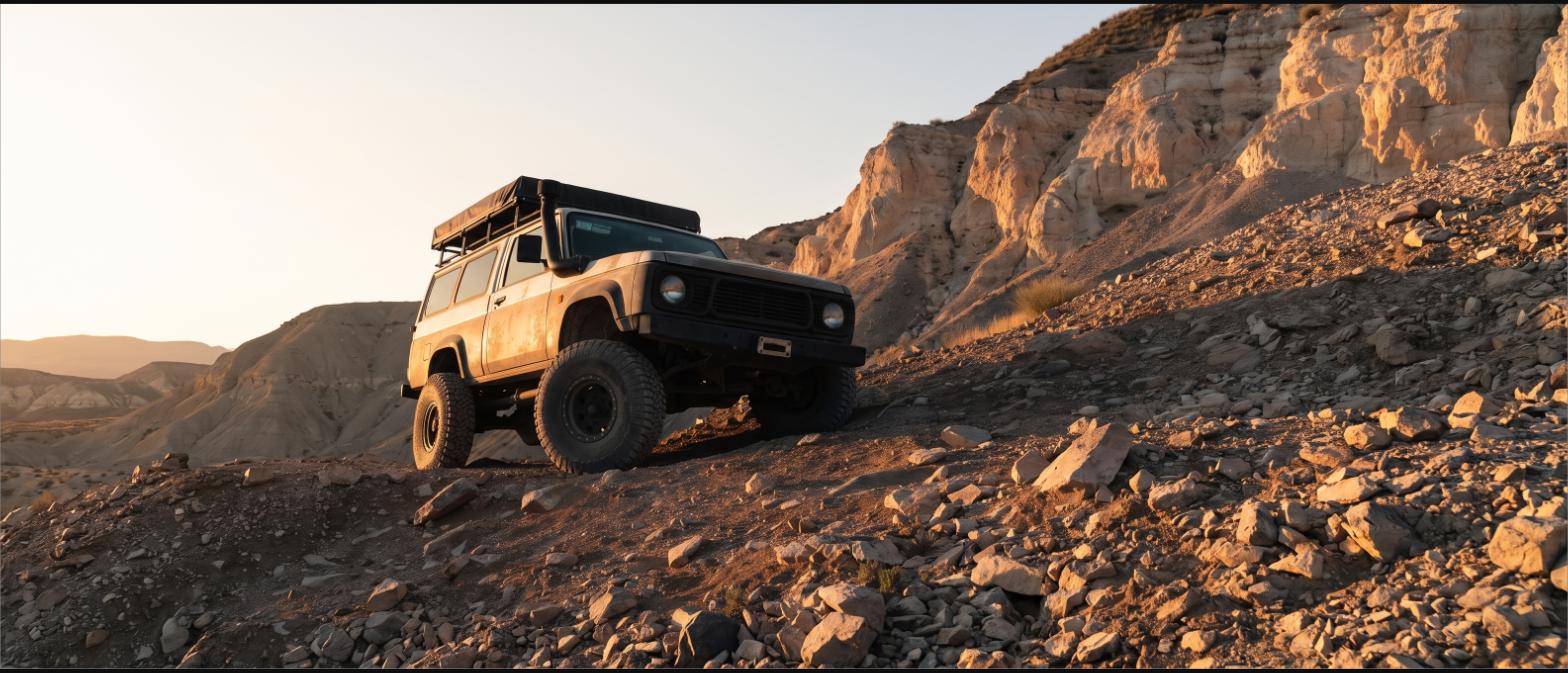 A modified 4x4 with a steel bumper and roof rack on a rocky desert trail at sunset