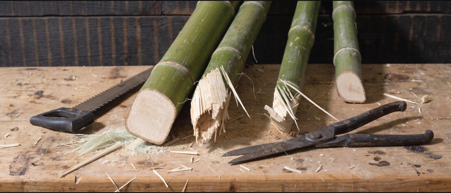 Cut bamboo culms on a workbench, one cut cleanly square and another crushed and splintered, beside a saw and loppers